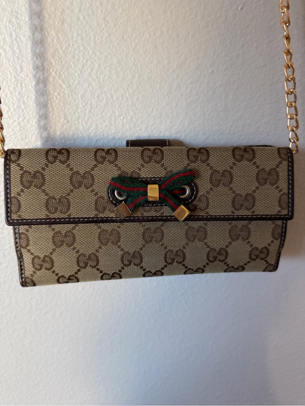 Gucci Beige/Brown GG Canvas Bow Chain Crossbody